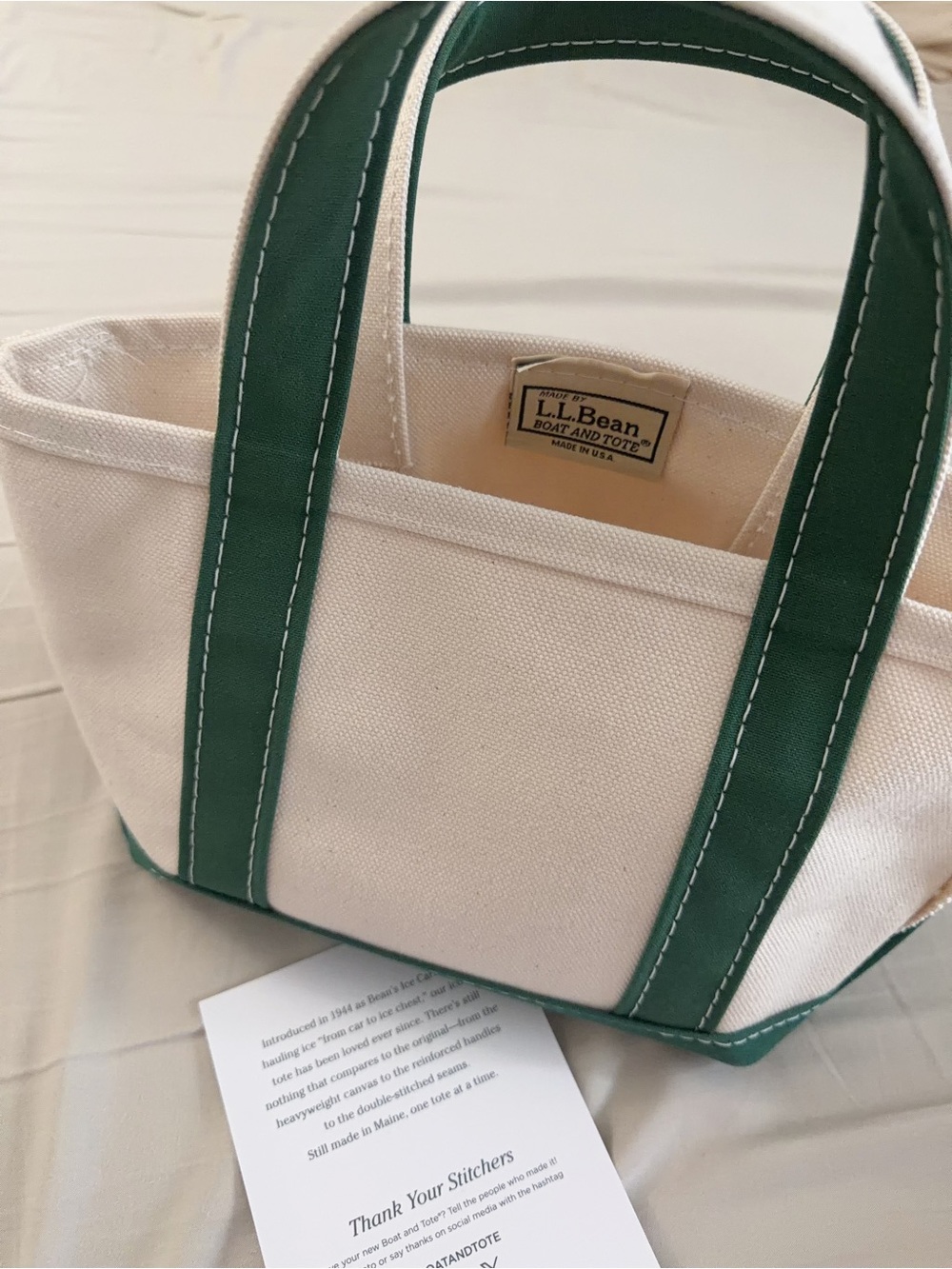 L.L. Bean Canvas  mini Tote in Cream with Green Handles